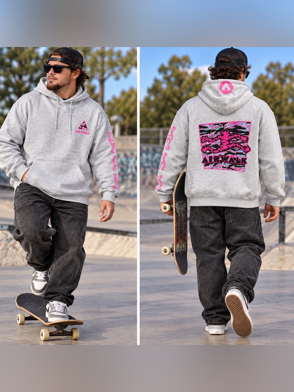 Airwalk Light Gray Crewneck Hoodie with Pink Logo Accents